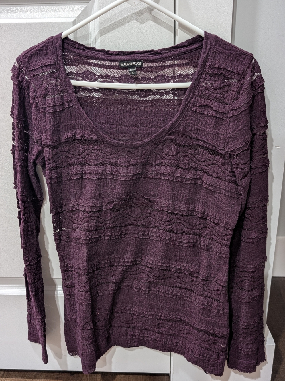 Express Long Sleeve Lace-Knit Scoop Neck Top - Plum